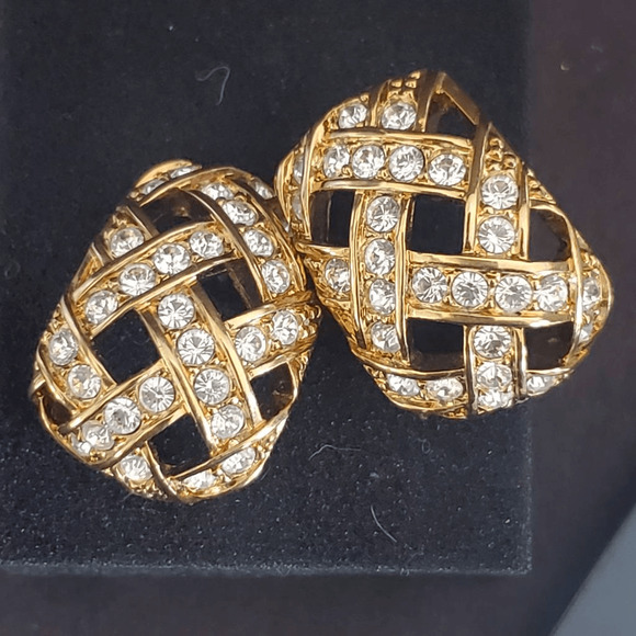 Swarovski Gold Plated Open Weave Chunky Pierced‎ Earrings Signed - Picture 1 of 4
